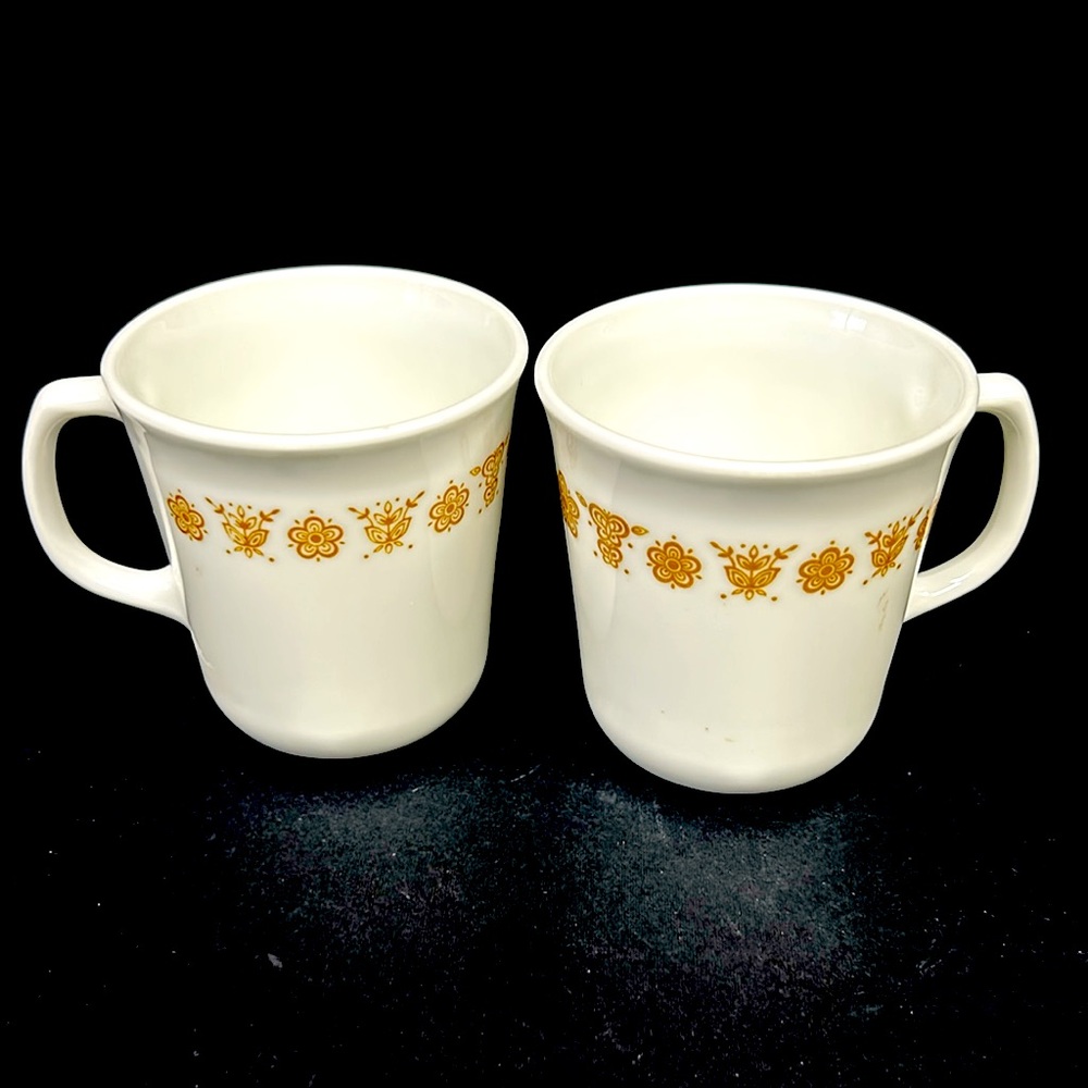 Vintage CORNING “ Butterfly Gold “ white glass set of 2 coffee mugs USA